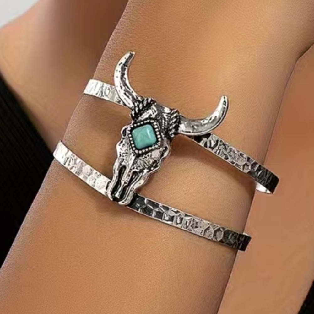 Silver Bull Skull Bracelet with Turquoise Accent
